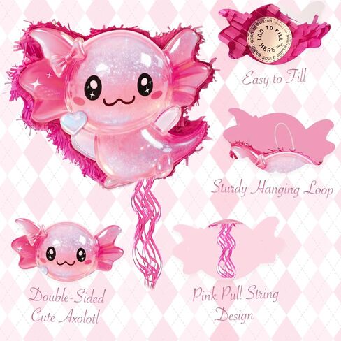 مجموعة Axolotl Pinata - سلسلة سحب Axolotl باللون الوردي اللامع مع معصوب العينين، وخفاش، وقصاصات لتزيين حفلات أعياد الميلاد (16.1 بوصة) in Kuwait
