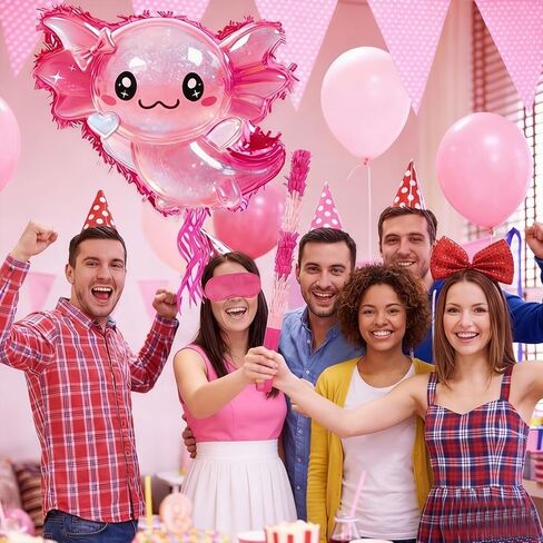 مجموعة Axolotl Pinata - سلسلة سحب Axolotl باللون الوردي اللامع مع معصوب العينين، وخفاش، وقصاصات لتزيين حفلات أعياد الميلاد (16.1 بوصة) in Kuwait