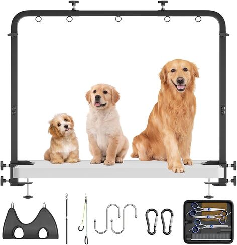 Dog Grooming Table Arm - Adjustable Height & Width, Heavy Duty Dog Grooming Station with 4-Piece Scissors Comb Set, Includes Adjustable Hammock & 2 No-Sit Haunch Holders for Dogs & Cats in Saudi Arabia