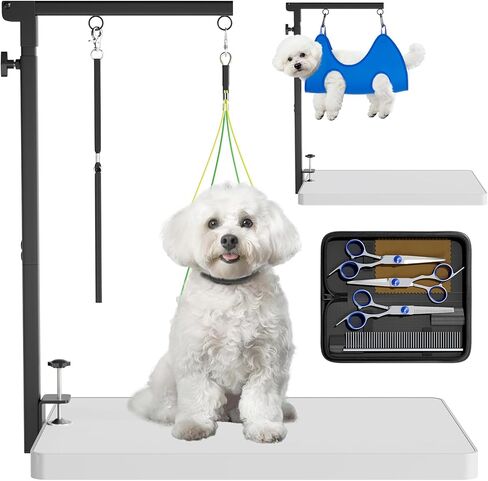 Dog Grooming Table Arm - Adjustable Height & Width, Heavy Duty Dog Grooming Station with 4-Piece Scissors Comb Set, Includes Adjustable Hammock & 2 No-Sit Haunch Holders for Dogs & Cats in Kuwait