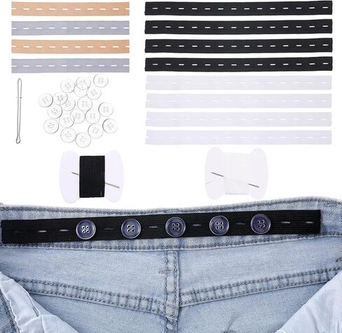 12PCS Jeans Button Tightener Pants Adjuster Waist Tightener for Pants Women Men, with 20 Buttons 1 Thread Hook Black and White Two Rolls of Thread Waist Clip Pack in Kuwait