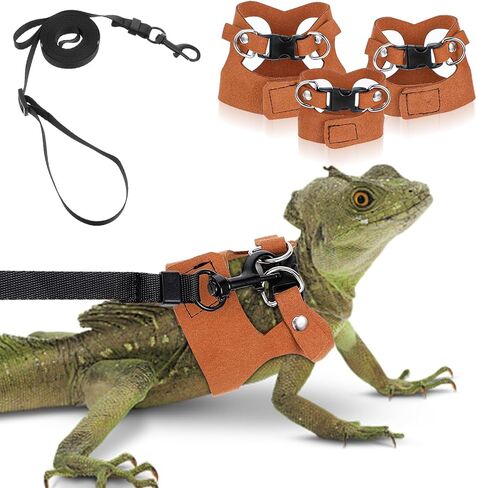 مجموعة مكونة من 3 قطع من أحزمة ومقود التنين الملتحي، 3 مقاسات من مقود السحلية من الجلد الناعم القابل للتعديل، ملحقات صدرية للمشي على شكل حبل جر للحيوانات الصغيرة للفئران السنجاب الزواحف (بني) in Kuwait