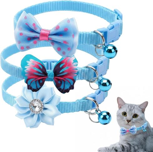3PCS Small Puppy Collar with Bell, Cute Cat Collar with Bowtie Flower Butterfly Adjustable for XXS Xs Kitten Dogs Pet Animal, Neck 7-12 inch(Pink) in Saudi Arabia