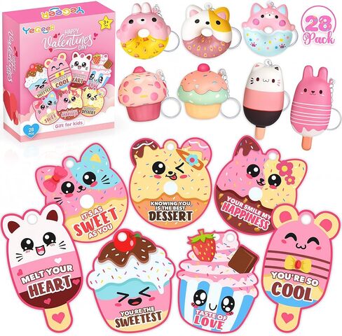 28 Pack Valentines Cards for Kids, Valentine Dessert Squishy Toys with Cards, Classroom Exchange Prizes & Party Favors, Kids Valentines Day Cards, Ideal Valentine Gifts for Boys Girls (Deep pink) in Kuwait