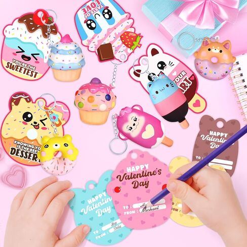 28 Pack Valentines Cards for Kids, Valentine Dessert Squishy Toys with Cards, Classroom Exchange Prizes & Party Favors, Kids Valentines Day Cards, Ideal Valentine Gifts for Boys Girls (Deep pink) in Kuwait