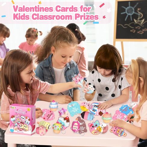 28 Pack Valentines Cards for Kids, Valentine Dessert Squishy Toys with Cards, Classroom Exchange Prizes & Party Favors, Kids Valentines Day Cards, Ideal Valentine Gifts for Boys Girls (Deep pink) in Kuwait