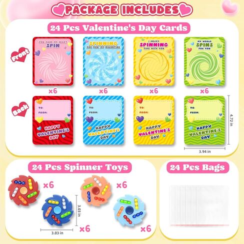 Valentines Day Cards for Kids School, 24 Pack Valentines Day Gifts for Kids with Fidget Spinners, Valentine's Cards for Kids Magic Bean Fidget Toy Classroom Exchange Party Favor for Boy & Girl in Saudi Arabia