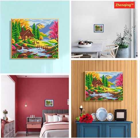 مجموعة غرز متقاطعة مختومة على شكل كابينة غابة Zhenqing - 11CT 33x38 سم منظر طبيعي جبلي مع غزال، مشهد طبيعي مطبوع مسبقًا للمبتدئين (66006) in Kuwait