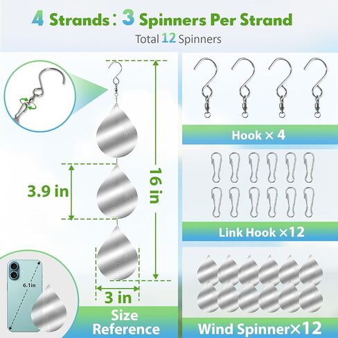 Bird Deterrents for Outside, 12 Discs Stainless Steel 3D Wind Spinners Garden Decor, 4 Sets Reflective Bird Scare Devices to Keep Woodpeckers, Pigeons Away from Patio, Balcony, Porch, Deck in Saudi Arabia