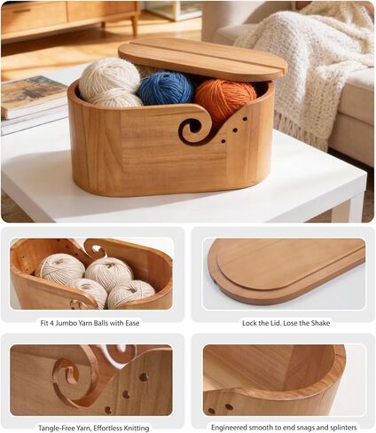 أوعية غزل خشبية كبيرة للحياكة، وعاء غزل للحياكة مع غطاء مضاد للانزلاق، منظم تخزين وعاء الكروشيه، بيضاوي 11.3 بوصة × 4.7 بوصة × 5.2 بوصة، سطح مصقول، مضاد للتشابك، يحمل 4-6 كرات غزل in Kuwait