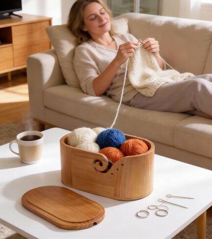 أوعية غزل خشبية كبيرة للحياكة، وعاء غزل للحياكة مع غطاء مضاد للانزلاق، منظم تخزين وعاء الكروشيه، بيضاوي 11.3 بوصة × 4.7 بوصة × 5.2 بوصة، سطح مصقول، مضاد للتشابك، يحمل 4-6 كرات غزل in Kuwait