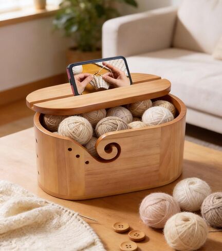 أوعية غزل خشبية كبيرة للحياكة، وعاء غزل للحياكة مع غطاء مضاد للانزلاق، منظم تخزين وعاء الكروشيه، بيضاوي 11.3 بوصة × 4.7 بوصة × 5.2 بوصة، سطح مصقول، مضاد للتشابك، يحمل 4-6 كرات غزل in Kuwait