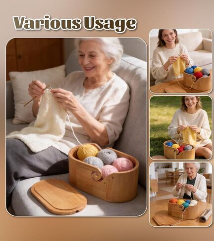 أوعية غزل خشبية كبيرة للحياكة، وعاء غزل للحياكة مع غطاء مضاد للانزلاق، منظم تخزين وعاء الكروشيه، بيضاوي 11.3 بوصة × 4.7 بوصة × 5.2 بوصة، سطح مصقول، مضاد للتشابك، يحمل 4-6 كرات غزل in Kuwait