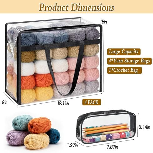 4 عبوات كبيرة من أكياس تخزين الخيوط، منظم تخزين خيوط شفاف مقاس 18.11 × 15 × 9 بوصة مع سحابات ومقابض حقيبة كروشيه حقيبة حياكة لإبر الحياكة وكرات الغزل وخطافات الكروشيه in Kuwait