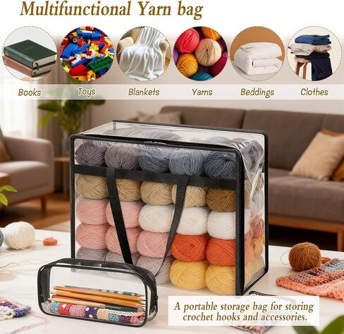 4 عبوات كبيرة من أكياس تخزين الخيوط، منظم تخزين خيوط شفاف مقاس 18.11 × 15 × 9 بوصة مع سحابات ومقابض حقيبة كروشيه حقيبة حياكة لإبر الحياكة وكرات الغزل وخطافات الكروشيه in Kuwait