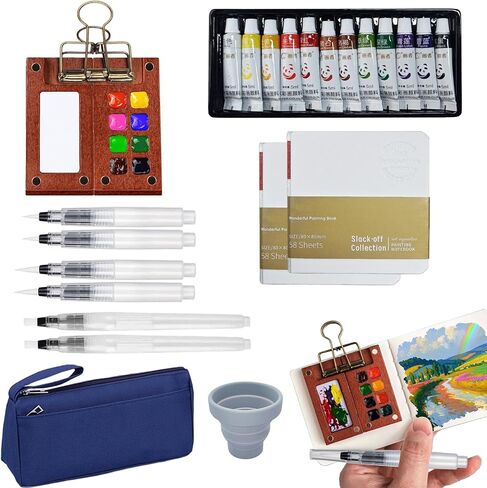 Mini Watercolor Paint Set, 12 Colors Travel Water Color Kit with Walnut Wood Palette (8 Wells), 6 Brush Pens, 2 Sketchbooks, Carrying Bag & Water Cup for Outdoor Painting and Urban Sketching in Saudi Arabia