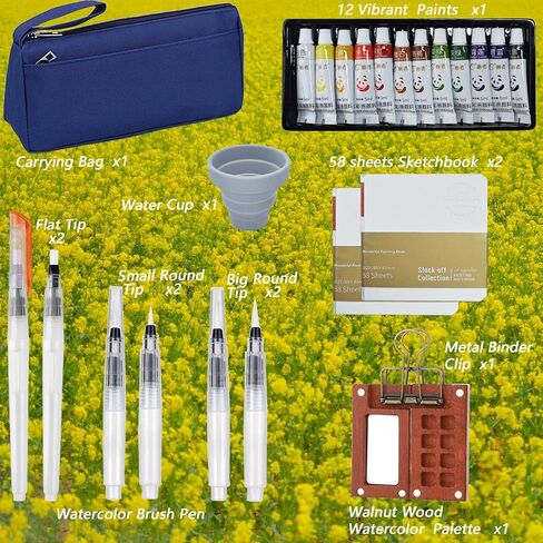 Mini Watercolor Paint Set, 12 Colors Travel Water Color Kit with Walnut Wood Palette (8 Wells), 6 Brush Pens, 2 Sketchbooks, Carrying Bag & Water Cup for Outdoor Painting and Urban Sketching in Saudi Arabia