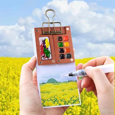 Mini Watercolor Paint Set, 12 Colors Travel Water Color Kit with Walnut Wood Palette (8 Wells), 6 Brush Pens, 2 Sketchbooks, Carrying Bag & Water Cup for Outdoor Painting and Urban Sketching in Saudi Arabia