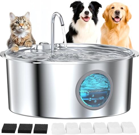 Large Dog Fountain Water Bowl: Sliver Big Cat Water Fountain Stainless Steel - 3.2Gal/406oz/12L Noiseless Giant Dog Fountains -GROOKPET Pet Suppiles for Multi-Pet Home - Contain 8 Filters + 8 Sponges in Kuwait