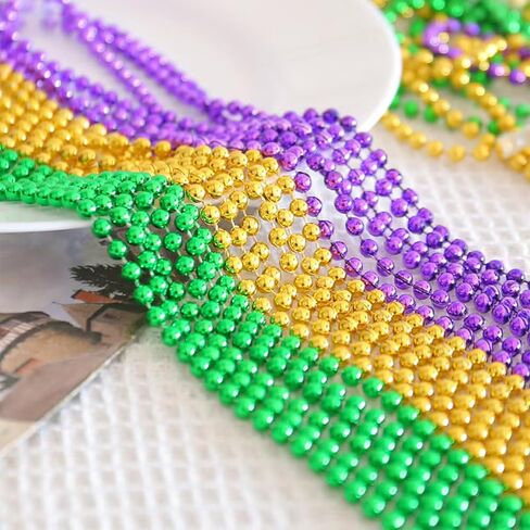 Chris.W 24Pcs Mardi Gras Beads Necklaces Bulk, Green Purple Gold Metallic Party Beads 33" Round Throws Beads Necklaces for Carnival Parade, Festival Decor, Party Accessories and Favors in Saudi Arabia