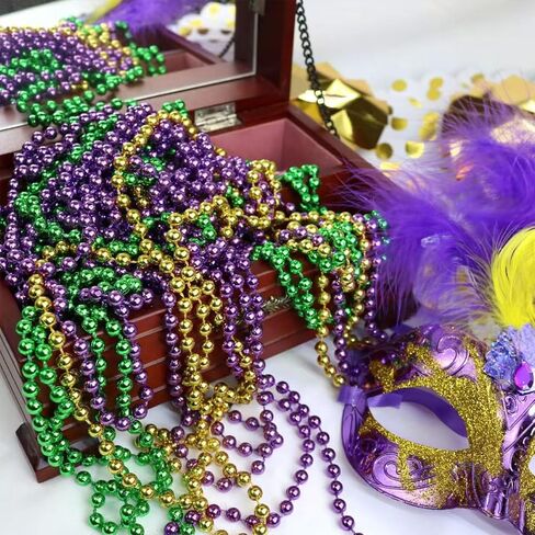 Chris.W 24Pcs Mardi Gras Beads Necklaces Bulk, Green Purple Gold Metallic Party Beads 33" Round Throws Beads Necklaces for Carnival Parade, Festival Decor, Party Accessories and Favors in Saudi Arabia