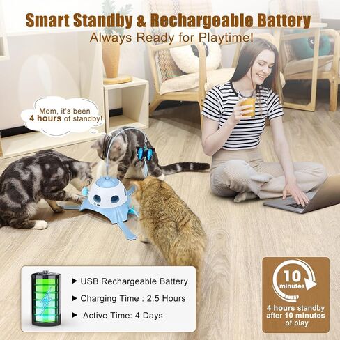 ألعاب أوتوماتيكية 3 في 1 للقطط الداخلية، فراشة ترفرف، اضرب الخلد، عصا ريش دوارة، ألعاب ريش تفاعلية قابلة لإعادة الشحن عبر USB لعائلة القطط المتعددة (أزرق) in Kuwait