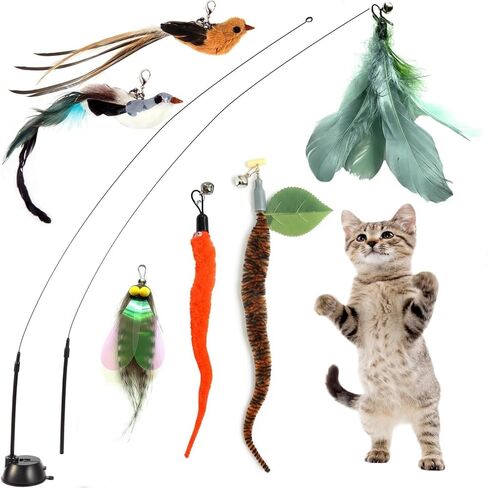 9 Pcs Interactive Cat Feather Toys for Indoor Self Play & Exercise, Cat Wand Toy, 2 Play Modes Kitten Teaser Wand, Reusable Suction Cup Kitten Toys in Saudi Arabia