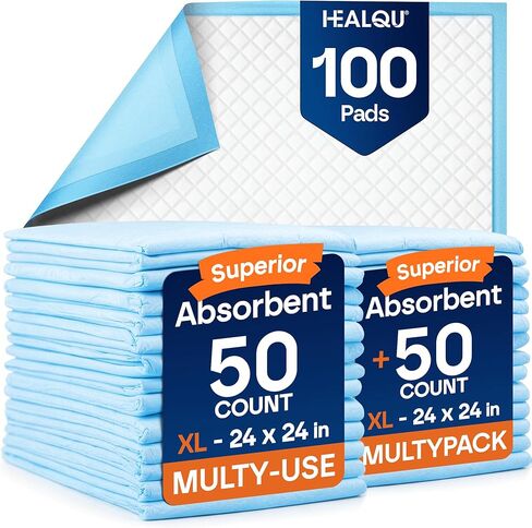 وسادات Healqu للجراء - عدد 100، 24 × 24 - تقنية متقدمة مضادة للتسرب من أجل اقتحام المنزل والتدريب - وسادات تبول الجراء فائقة الامتصاص - مثالية للكلاب والجراء والقطط - وسادات تدريب الحيوانات الأليفة الجذابة in Kuwait