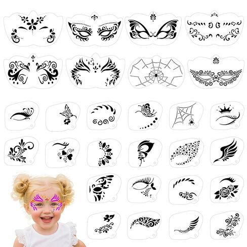 28 Pcs Face Paint Stencils Kit, Reusable Facial Painting Stencils for Kids & Adults, Painting Art Templates for Halloween Party Makeup in Kuwait