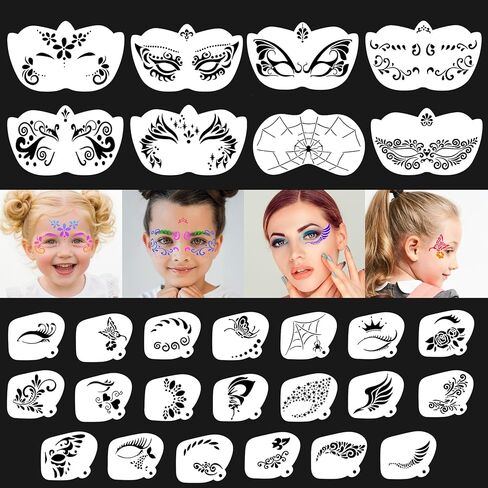 28 Pcs Face Paint Stencils Kit, Reusable Facial Painting Stencils for Kids & Adults, Painting Art Templates for Halloween Party Makeup in Kuwait