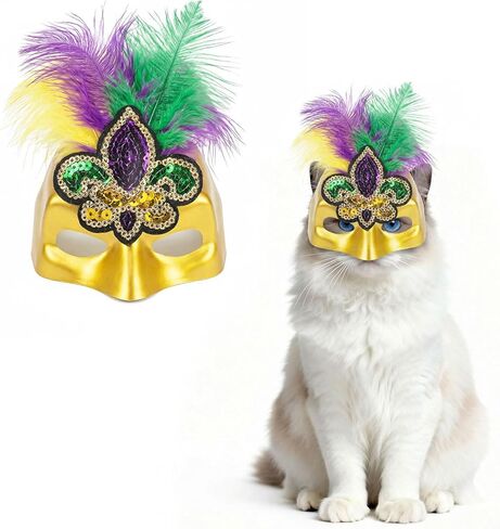 ABTOLS Mardi Gras Pet Mask, Carnival Masquerade Purple Yellow Green Feather Fleur De Lis Masks Cosplay Pet Party Accessories Funny Pet Photo Prop Easy to Wear in Saudi Arabia