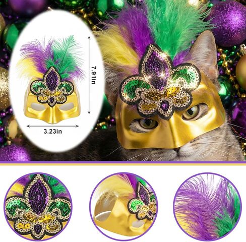 ABTOLS Mardi Gras Pet Mask, Carnival Masquerade Purple Yellow Green Feather Fleur De Lis Masks Cosplay Pet Party Accessories Funny Pet Photo Prop Easy to Wear in Saudi Arabia