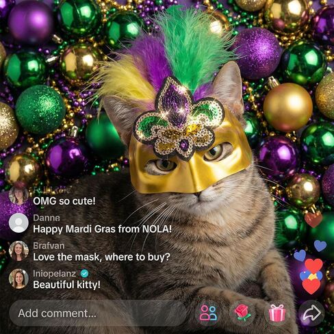 ABTOLS Mardi Gras Pet Mask, Carnival Masquerade Purple Yellow Green Feather Fleur De Lis Masks Cosplay Pet Party Accessories Funny Pet Photo Prop Easy to Wear in Saudi Arabia