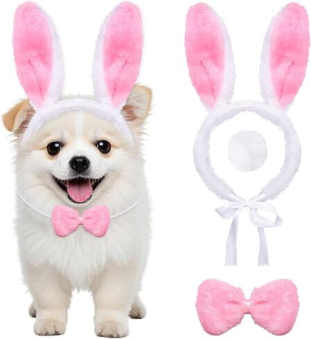 Heliltd 3Pcs Easter Bunny Costume for Dogs Cats, Plush Bunny Ears Headband with Bow Tie Collar, Tail, Cute Pet Rabbit Dress Up Outfit for Easter Party Photo Shoot, Pink Blue White in Saudi Arabia