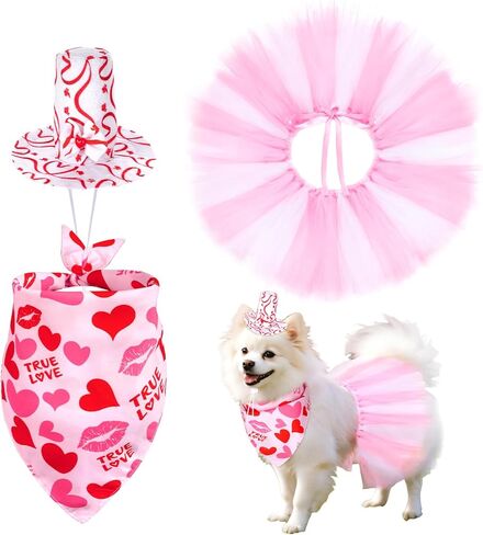 3 Pcs Valentines Day Dog Costume - Pink Pet Outfit with Tutu Skirt, Scarf & Hat, Cute Dog Valentines Outfit for Pets in Saudi Arabia