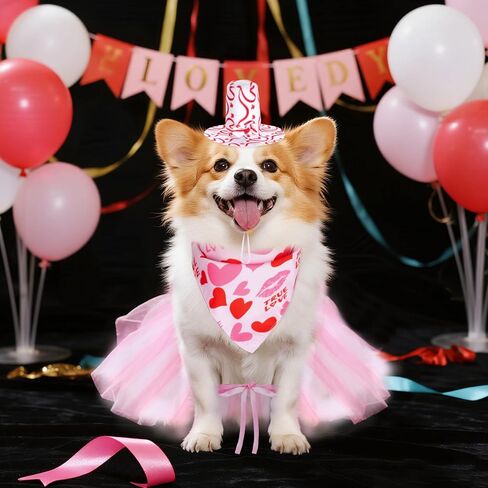 3 Pcs Valentines Day Dog Costume - Pink Pet Outfit with Tutu Skirt, Scarf & Hat, Cute Dog Valentines Outfit for Pets in Saudi Arabia