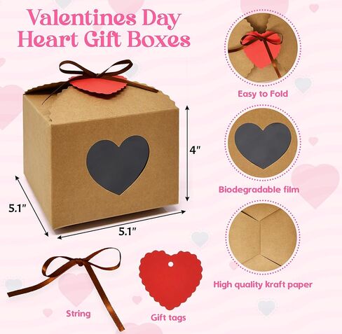24 Pcs Valentine's Day Heart Gift Boxes with Display Window Kraft Paper Gift Bags Packaging Boxes with Tags and Ribbons for Valentine Party Decoration in Saudi Arabia