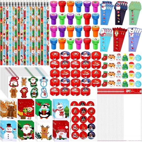 Cholemy 216 Pcs Christmas School Stationery Set Classrooms Exchange Stationery Gifts Christmas Stationery Party Favor Christmas Pencils Xmas Stickers Pencil Sharpeners Card Bag Notebook Eraser Ruler in Kuwait