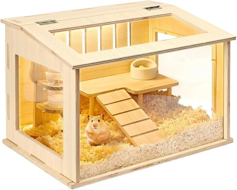 Small Wooden Hamster Cage for Dwarf Hamsters, 15.8" Portable Habitat with Acrylic Panels & Openable Top, Includes Water Bottle & Platform for Robo, Winter White Hamsters & Campbell’s Dwarf Hamsters in Saudi Arabia