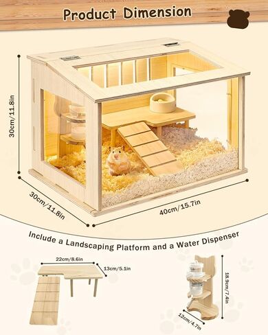 Small Wooden Hamster Cage for Dwarf Hamsters, 15.8" Portable Habitat with Acrylic Panels & Openable Top, Includes Water Bottle & Platform for Robo, Winter White Hamsters & Campbell’s Dwarf Hamsters in Saudi Arabia