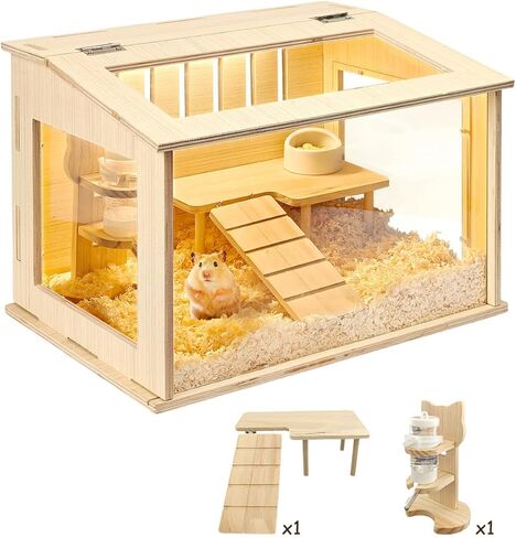 Small Wooden Hamster Cage for Dwarf Hamsters, 15.8" Portable Habitat with Acrylic Panels & Openable Top, Includes Water Bottle & Platform for Robo, Winter White Hamsters & Campbell’s Dwarf Hamsters in Saudi Arabia