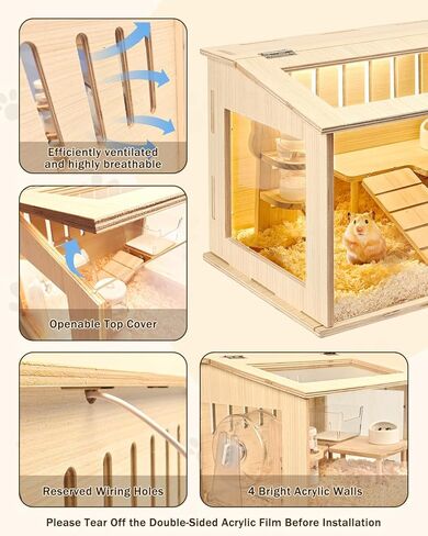 Small Wooden Hamster Cage for Dwarf Hamsters, 15.8" Portable Habitat with Acrylic Panels & Openable Top, Includes Water Bottle & Platform for Robo, Winter White Hamsters & Campbell’s Dwarf Hamsters in Saudi Arabia