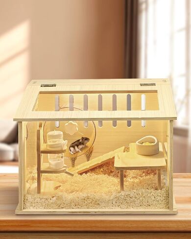 Small Wooden Hamster Cage for Dwarf Hamsters, 15.8" Portable Habitat with Acrylic Panels & Openable Top, Includes Water Bottle & Platform for Robo, Winter White Hamsters & Campbell’s Dwarf Hamsters in Saudi Arabia