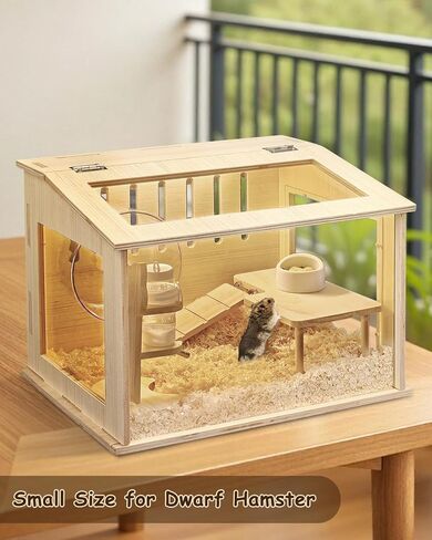 Small Wooden Hamster Cage for Dwarf Hamsters, 15.8" Portable Habitat with Acrylic Panels & Openable Top, Includes Water Bottle & Platform for Robo, Winter White Hamsters & Campbell’s Dwarf Hamsters in Saudi Arabia