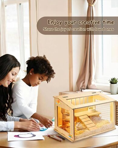 Small Wooden Hamster Cage for Dwarf Hamsters, 15.8" Portable Habitat with Acrylic Panels & Openable Top, Includes Water Bottle & Platform for Robo, Winter White Hamsters & Campbell’s Dwarf Hamsters in Saudi Arabia