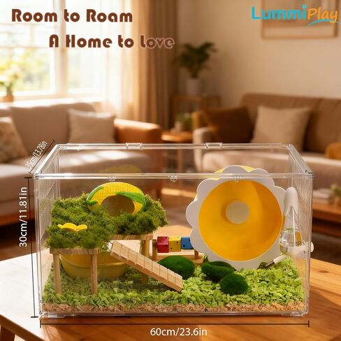 Large Clear Hamster Cage, 23.6 x 13.8 x 12.2 Inches, Transparent Pet Habitat with Ventilation and openable Top Cover, cage only in Saudi Arabia