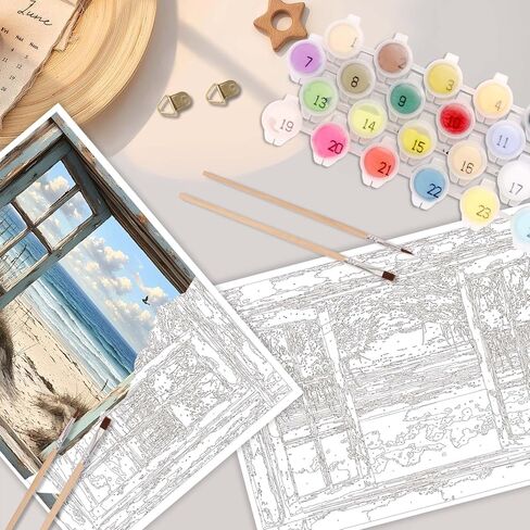 Paint by Numbers Kit for Adults 16 x 20 Inch Beach View from Window DIY Paint by Number with Brushes and Acrylic Colors Adult Painting Kits for Beginners Relaxing Color by Number Wall Art Decoration in Saudi Arabia