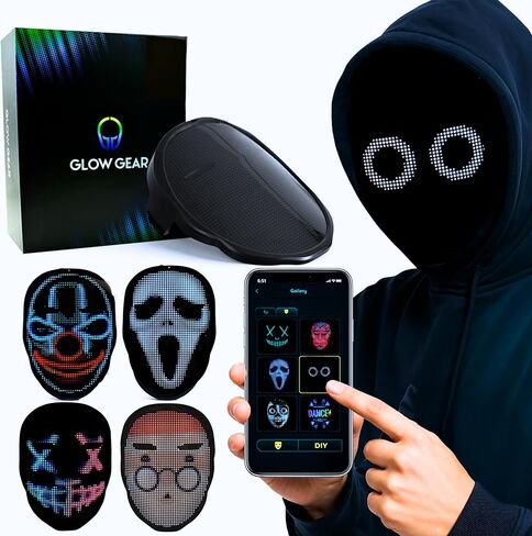 قناع Glow Gear Face Transforming LED Mask قناع تنكري مضيء يتم التحكم فيه من خلال التطبيق مع أكثر من 115 وجهًا متحركًا، وأنماط LED قابلة للتخصيص، وبطارية قابلة لإعادة الشحن، والمهرجانات، والهالوين، وملحقات DJ in Kuwait
