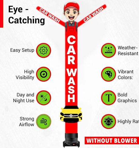 رجل أنبوب راقص قابل للنفخ لغسيل السيارات بطول 20 قدمًا مع علامة سيارة | دمية ملفتة للنظر مقاومة للعوامل الجوية للإعلان في الهواء الطلق وتعزيز أعمال غسيل السيارات (بدون منفاخ) (أحمر) in Kuwait