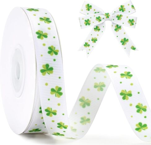 KINGLAKE St Patrick's Day Ribbon - 5/8'' x 20 Yds Shamrocks Clover Grosgrain Ribbon with Polka Dot for Gift Wrapping Wreath White Green Ribbons for DIY Crafts Sewing St. Patricks Day Party Decorations in Saudi Arabia